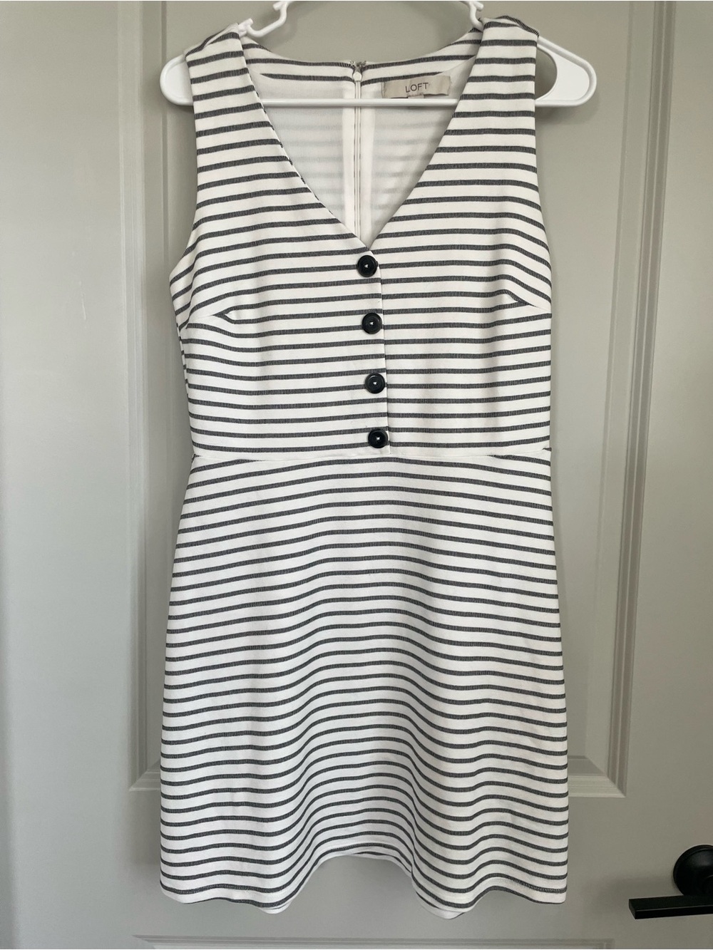 LOFT Black & White Striped Fit & Flare Dress | Button Front | Size 6